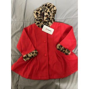 Patpat Baby Girl Red Button Up Jacket Animal Print Hoodie Accent Size 12-18m